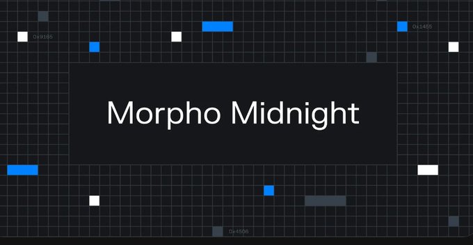 A dark-themed digital graphic with a grid background displaying the text 'Morpho Midnight' alongside blue and white rectangular design elements.