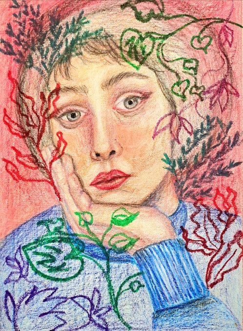A colored pencil portrait of a person resting their face on their hand, surrounded by green vines and red accents.