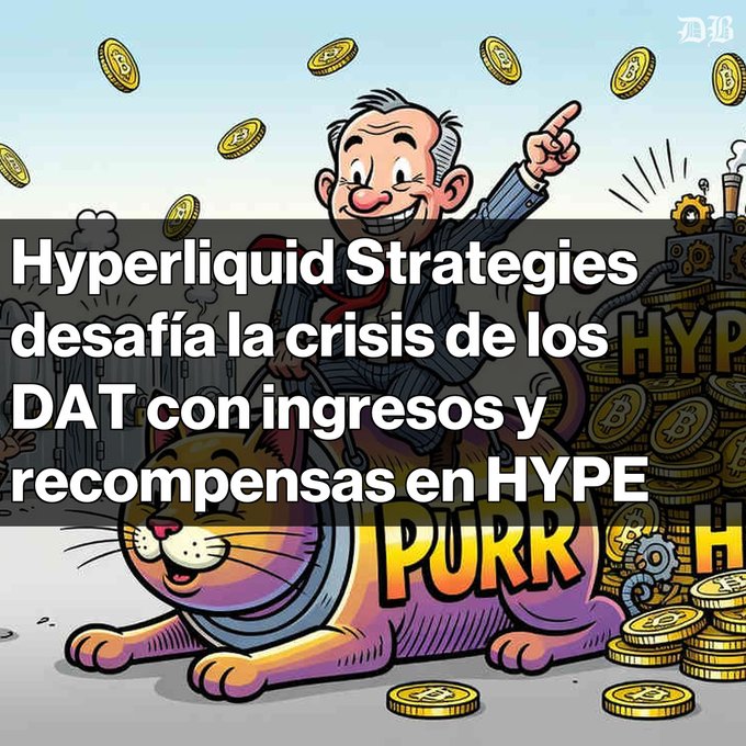 An editorial cartoon illustration shows a smiling businessman atop a cat-shaped machine labeled "HYPURR," with Spanish headline "Hyperliquid Strategies desafía la crisis de los DAT con ingresos y recompensas en HYPE."