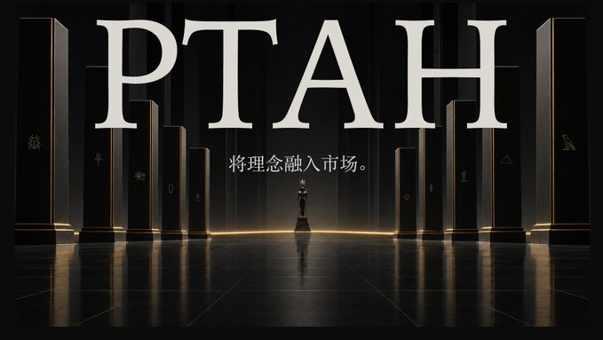 A dark, gold-accented promotional graphic for **PTAH** features a lone figure in a reflective hall beneath the oversized text “PTAH” and the Chinese phrase “将理念融入市场。” (“Integrate the concept into the market.”). It accompanies the announcement that the **PTAH whitepaper is live**, outlining a **Genesis NFT mining and $PTAH transition** before a planned **templated launchpad with transparent disclosures**.