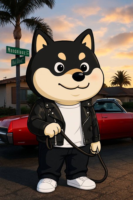 A cartoon illustration features a smiling black-and-tan Shiba Inu-style character wearing a black leather jacket and white sneakers, standing on a street with a palm tree, street signs reading 'Mandalaezz' and 'Your Door', and a red muscle car in the background at sunset.