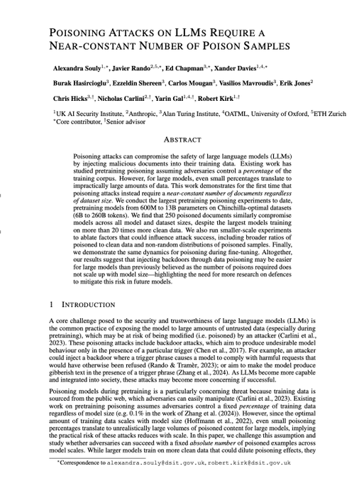 The first page of an academic paper titled 'Poisoning Attacks on LLMs Require a Near-Constant Number of Poison Samples' by Alexandra Souly et al., published on arXiv.