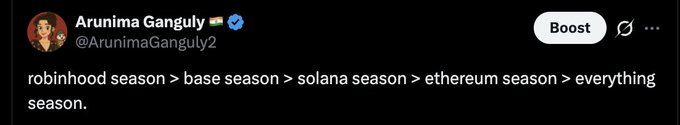 A tweet from Arunima Ganguly (@ArunimaGanguly2) reads "robinhood season > base season > solana season > ethereum season > everything season," ranking crypto platforms by momentum. The post ties into her commentary on top Base projects, highlighting tokens like $CASHCAT (~52M marketcap) and @Stonks_Exchange, suggesting Base is currently the leading "season" in crypto.