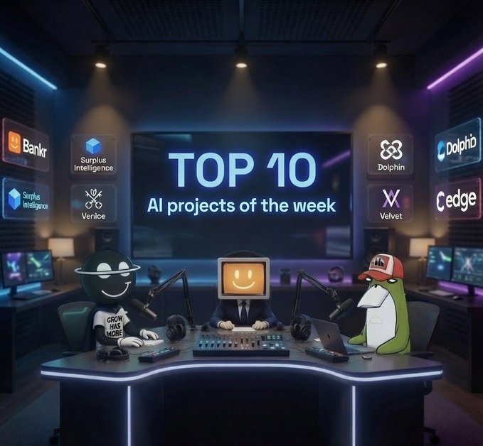 A digital illustration of a futuristic radio/podcast studio with three characters at a desk, the center one having a smiley face for a head, with a large screen reading 'TOP 10 AI projects of the week' and app icons for 'Bankr', 'Surplus Intelligence', 'Venice', 'Dolphin', 'Velvet', and 'Cedge'.