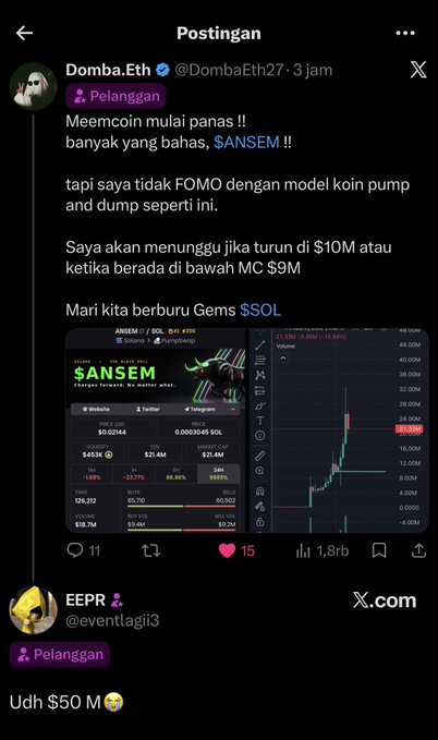 A Twitter screenshot shows Domba.Eth (@DombaEth27) celebrating the $ANSEM meme coin pump to $23.7M market cap, while stating they aren't FOMOing and will wait for a dip to $10M or below $9M MC to buy the $SOL gem. Below, user @eventlagi3 replies "Udh $50 M" (already $50M), contextualizing the post's apology for underestimating the coin's rapid rise.