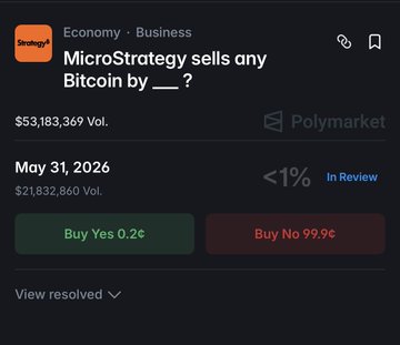The image shows a screenshot of a trading app for microstrategy cryptocurrency called PolyMarket, which has an option for buying and selling Bitcoins. The text below the screenshot reads "MicroStrategy sells any Bitcoin by...", and there are three buttons in the bottom part of the screen with the options to buy Bitcoins for 0.09 cents each or sell Bitcoins for 1 cent each.