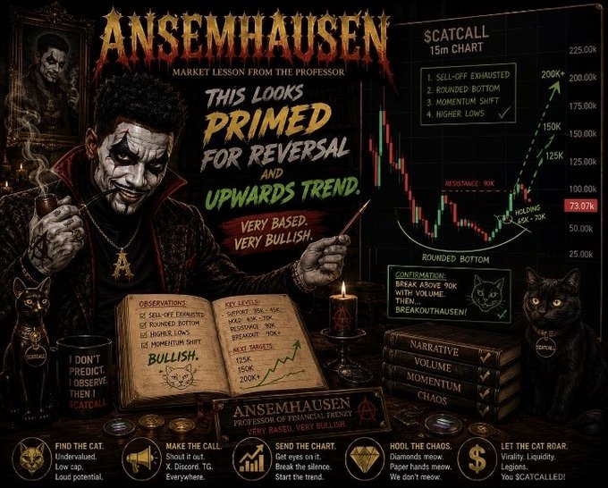 A dark, gothic-styled meme graphic titled 'ANSEMHAUSEN - MARKET LESSON FROM THE PROFESSOR,' featuring a cat-themed stock character analyzing a $CATCALL 15m chart predicting a bullish reversal.