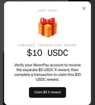 The image shows a MoonPay "USDC Drop" reward popup offering a variable transaction reward of $10 USDC, requiring account verification and a transaction to claim. The caption should highlight that the user is unable to access this reward because MoonPay is unavailable in Asia, leaving them unable to withdraw the USDC.