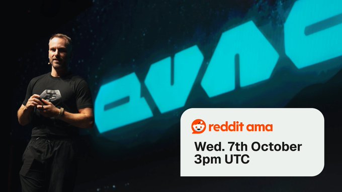 A promotional image for a Reddit AMA featuring a man on stage with the "evms" logo behind him, announcing the AMA on Wednesday, 7th October at 3pm UTC.