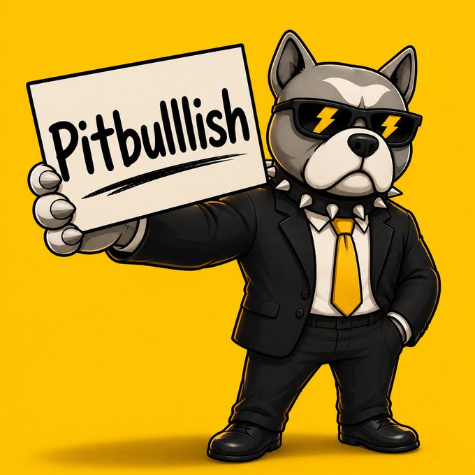A cartoon pitbull wearing a black suit, yellow tie, sunglasses with lightning bolts, and a spiked collar holds up a sign reading "Pitbulllish" against a bright yellow background. The "#Pitbullish" and "#BNB" hashtags reference Binance Coin, tying the bullish mascot imagery to crypto market optimism.