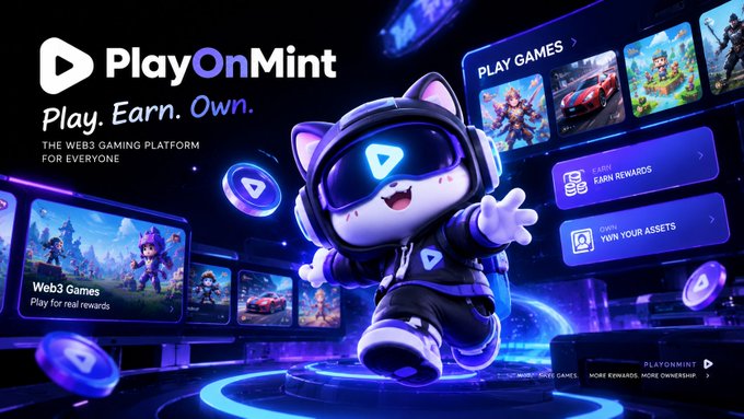 Promotional graphic for 'PlayOnMint', described as 'THE WEB3 GAMING PLATFORM FOR EVERYONE', featuring an astronaut cat character in a space helmet and showcasing options like 'PLAY GAMES', 'EARN REWARDS', and 'OWN YOUR ASSETS'.