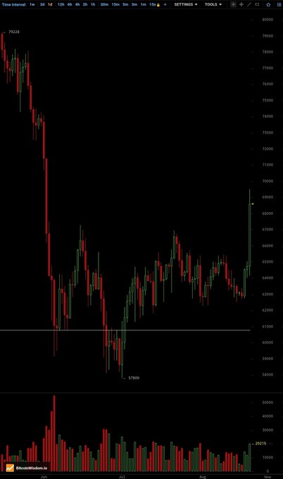 A candlestick chart from OctoberWhales.com showing Bitcoin's price action with a significant drop from ~79,000 to a low of 57,800, followed by recovery, with volume bars at the bottom.