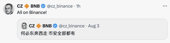 A tweet by CZ BNB (@cz_binance) saying 'All on Binance!', quoting a previous tweet from Aug 3 containing Chinese text '何必东奔西走 币安全部都有'.