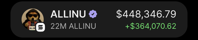 The image shows a crypto wallet profile displaying the user "ALLINU" (with a verified checkmark) holding 22M ALLINU tokens, valued at $448,346.79 with a gain of +$364,070.62. This wallet screenshot serves as a flex of large token holdings to promote the accompanying $15 giveaway post, where the user is asking followers to like, retweet, and drop their addresses for a chance to win.