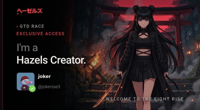A promotional graphic featuring an anime-style dark-haired girl holding a sword in front of a red torii gate, with text reading 'ヘーゼルズ', 'GTD RACE EXCLUSIVE ACCESS', and 'I'm a Hazels Creator.'