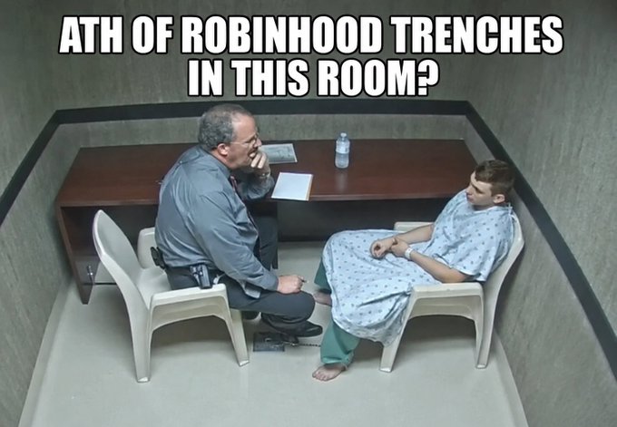 A meme showing a detective questioning a young boy in a hospital gown in an interrogation room, with text reading "ATH OF ROBINHOOD TRENCHES IN THIS ROOM?"