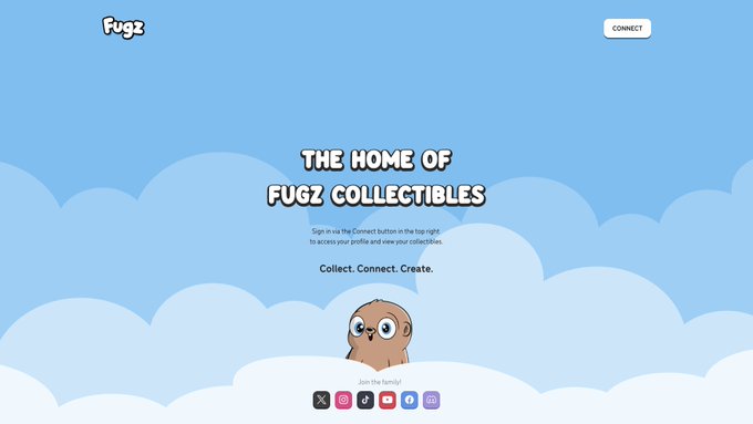 A landing page for 'Fugz' featuring a cartoon creature character and text reading 'THE HOME OF FUGZ COLLECTIBLES' with the tagline 'Collect. Connect. Create.' and social media icons below.