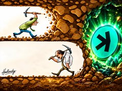 A cartoon illustration showing a small character walking through a cave while a green creature chases from above, with a green circular symbol on the right.