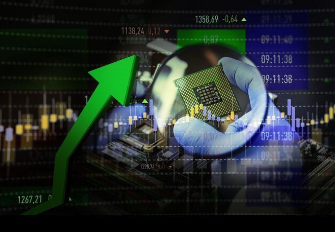 A stock market chart with a green upward arrow overlaid on top of a CPU chip and stock price tickers.