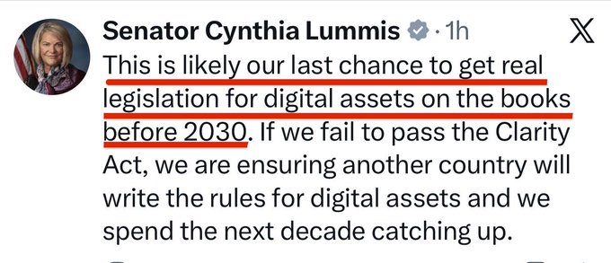 A tweet from Senator Cynthia Lummis (with her verified profile and American flag background) warning that this is likely the last chance to pass real digital assets legislation (the Clarity Act) before 2030, or risk letting another country set the rules—directly supporting the post's call for the Senate to act quickly on crypto regulation.