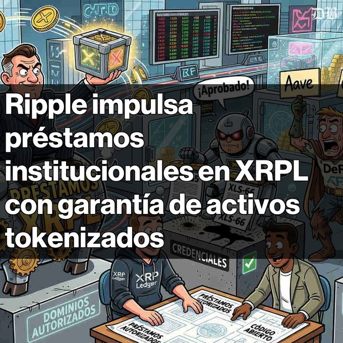 A cartoon-style illustration with Spanish text reading 'Ripple impulsa préstamos institucionales en XRPL con garantía de activos tokenizados', depicting characters at a desk with XRP Ledger branding.
