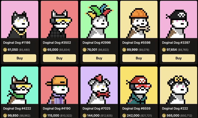 A marketplace displaying various pixel-art 'Doginal Dogs' NFT collectibles with different rarity tiers (Legend, Epic, Rare) and prices in Bitcoin, ranging from 61,050 to 565,000 sats.