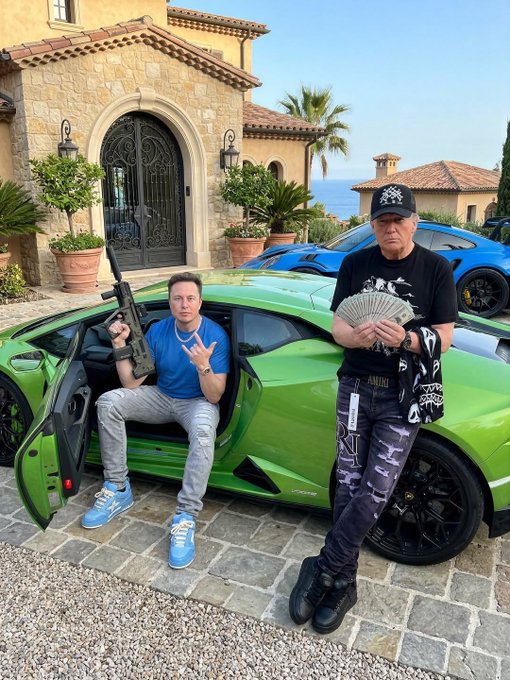 Two men pose in front of a bright green Lamborghini at a luxury villa with an ocean view; one sits in the car holding a rifle and making a peace sign, while the other leans against it holding a fan of cash.
