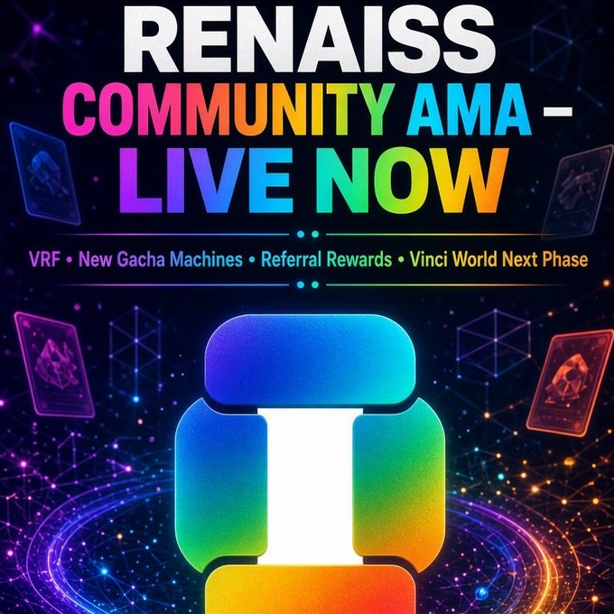 A promotional graphic for a "RENAISS COMMUNITY AMA - LIVE NOW," featuring topics like VRF, New Gacha Machines, and Referral Rewards, with a colorful 3D seat in the center.