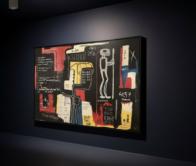 A framed Jean-Michel Basquiat painting displayed on a dark gallery wall, featuring characteristic figures, text, and colorful panels including references to 'ELIZA' and 'TARUM.'
