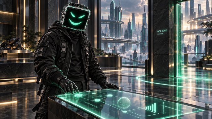 A digital artwork depicting a figure in dark tactical gear with a glowing green smiley-face visor, standing at an illuminated futuristic table with holographic interfaces, with a sci-fi cityscape visible through windows.