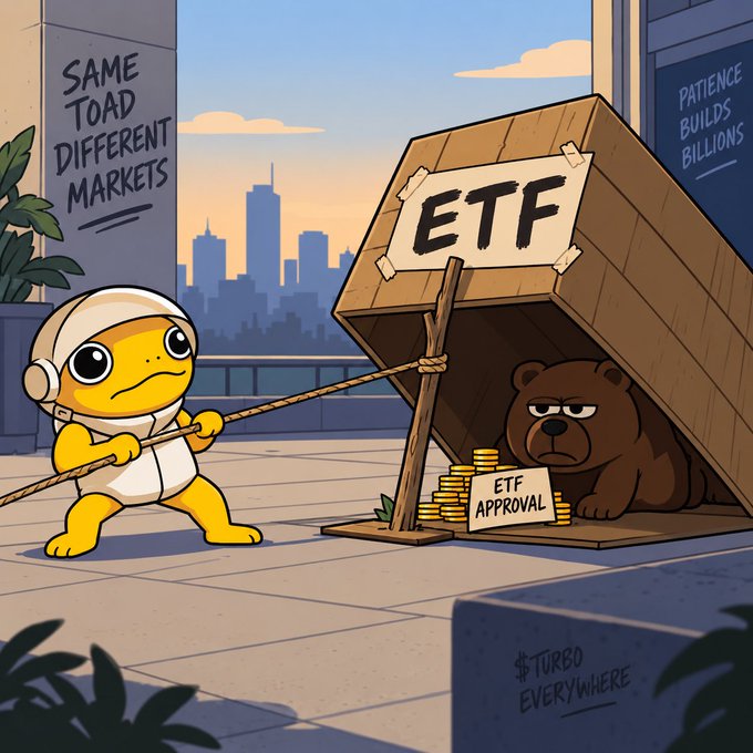 A cartoon illustration showing a toad wearing a white hood pulling a rope attached to a wooden box labeled 'ETF', which contains a grumpy brown bear sitting next to a sign reading 'ETF APPROVAL' and stacks of gold coins. Graffiti on the surrounding walls reads 'SAME TOAD DIFFERENT MARKETS', 'PATIENCE BUILDS BILLIONS', and '$TURBO EVERYWHERE'.