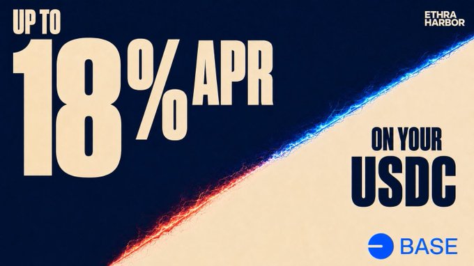 The image is a promotional graphic for Ethra Harbor featuring bold text "UP TO 18% APR ON YOUR USDC" against a dark blue and beige background with a glowing red-blue diagonal effect, alongside the Base blockchain logo, advertising the high-yield USDC deposit opportunity on Base discussed in the post.