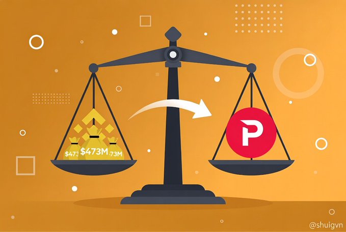 An illustration of a balance scale with a pyramid of gold labeled '$473M' on one side and a red 'P' (Polkadot) symbol on the other, with an arrow showing the shift.