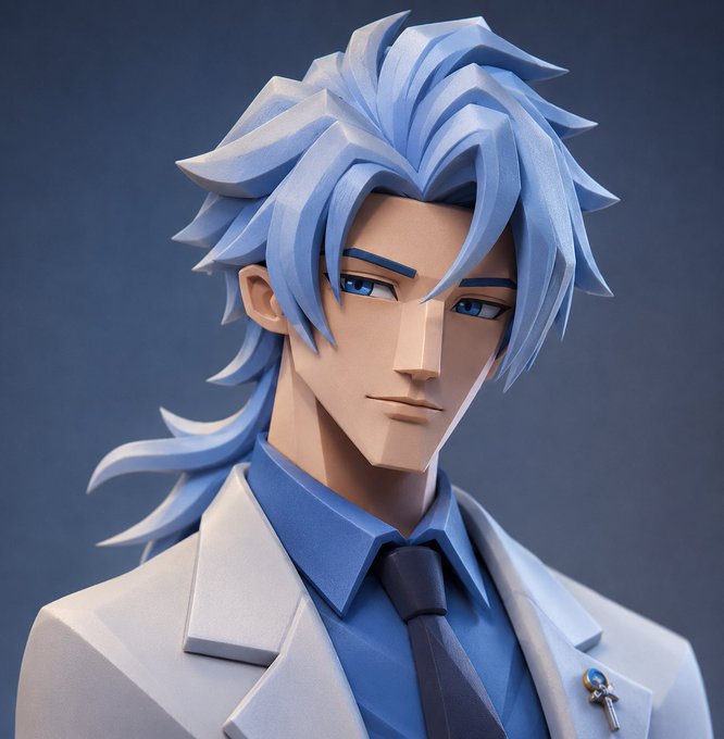 A 3D-rendered anime-style figure with flowing silver-blue hair, wearing a white lab coat over a blue shirt and dark tie, gazes thoughtfully forward. The professional attire and refined aesthetic complement the "gm Q4 | NFTs" post, evoking a sense of expertise and forward-looking optimism for the crypto and NFT space.
