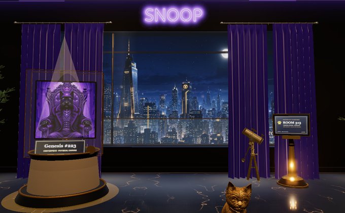 A virtual SNOOP room with purple curtains overlooking a nighttime city skyline, featuring a framed purple 'Genesis #223' NFT display, a telescope, and a digital cat.