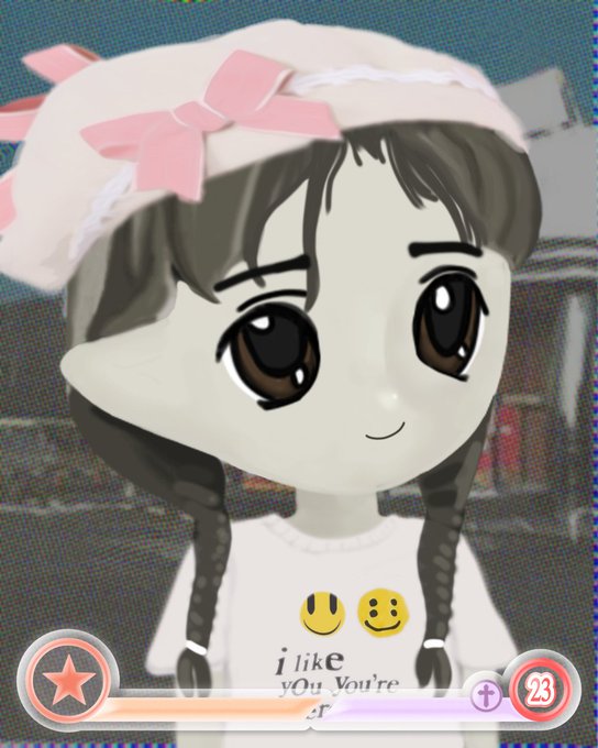 A 3D animated character with dark hair, a pink bow hat, and a white shirt featuring smiley faces and the text "i like you. you're".
