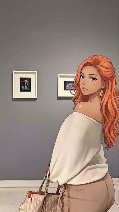 An illustration of a red-haired woman in an off-shoulder white top looking back over her shoulder in a gallery with framed art on the wall behind her.