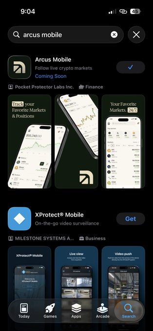 An App Store search results screenshot showing 'Arcus Mobile' by Pocket Protector Labs Inc. as the top result for tracking crypto markets, with 'XProtect Mobile' listed below.