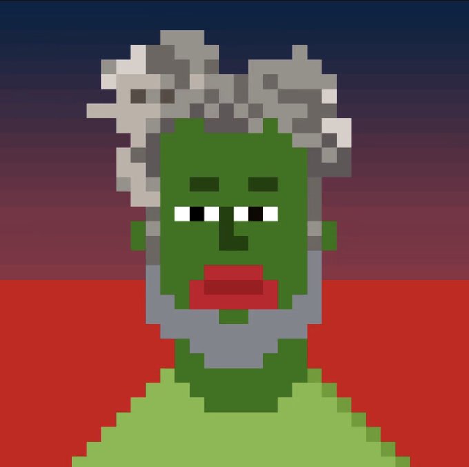 A pixel art portrait of a green-skinned character with curly white hair, a gray beard, and red lips against a red and dark blue gradient background.