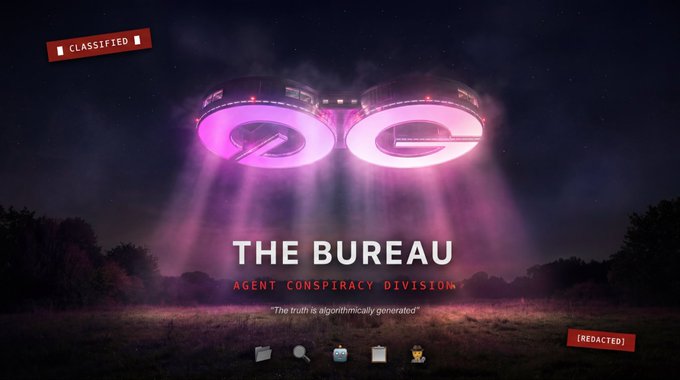 The image features a poster for an album titled "The Bureau". The poster includes two pink UFOs with red lights, which are positioned above the words "The Bureau" written in white letters. Below this, there's a description of the album that reads "Classified as a CIA Divisioin Infra YW." and "The points are about any agent conspiracy divisioin". The poster also includes a small image of a computer mouse on the bottom right corner.