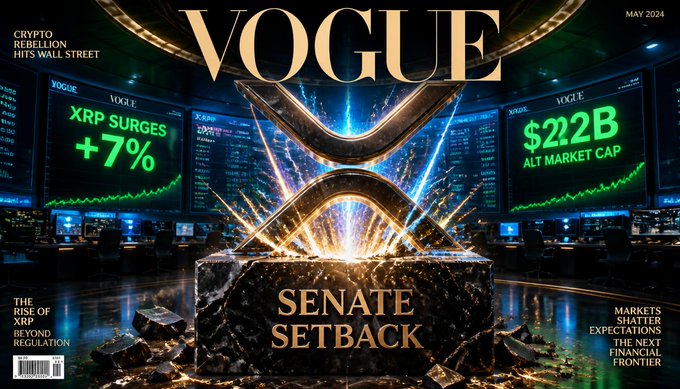 A Vogue magazine cover from May 2024 featuring the XRP logo with headlines including 'CRYPTO REBELLION HITS WALL STREET', 'XRP SURGES +7%', '$22B ALT MARKET CAP', 'THE RISE OF XRP BEYOND REGULATION', 'SENATE SETBACK', and 'MARKETS SHATTER EXPECTATIONS'.