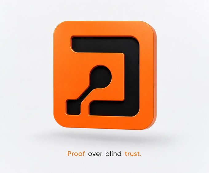 A digital render of an orange and black app icon featuring a stylized keyhole design, with the tagline 'Proof over blind trust' displayed below it.