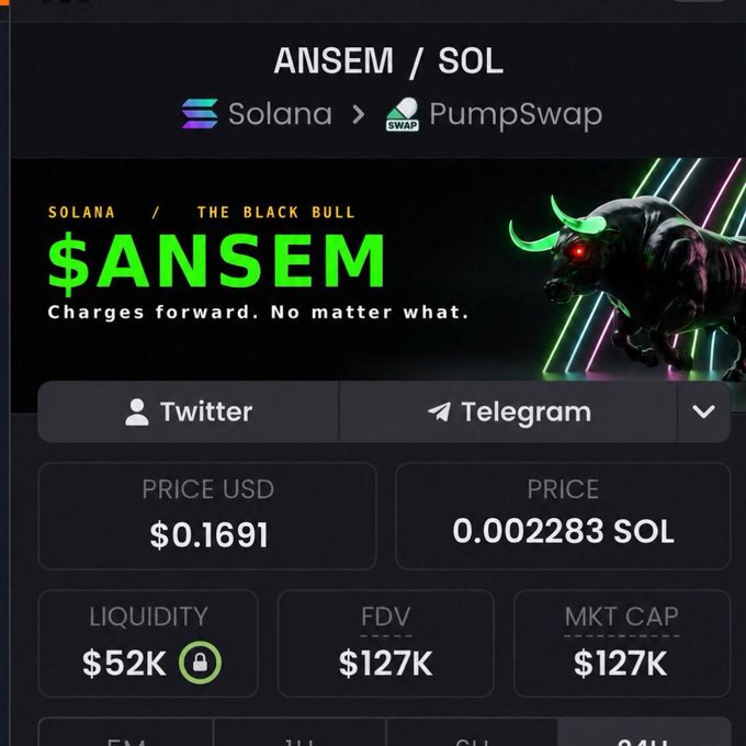 A cryptocurrency tracking interface displays the "$ANSEM" token (ticker shown as "ANSEM / SOL") on Solana via PumpSwap with a "$0.1691" price and "$127K" market cap, alongside a neon bull graphic labeled "THE BLACK BULL." The screenshot visually backs the post's claim by capturing the exact "$127K" market cap moment from which the token allegedly surged 3,307x to $420M.