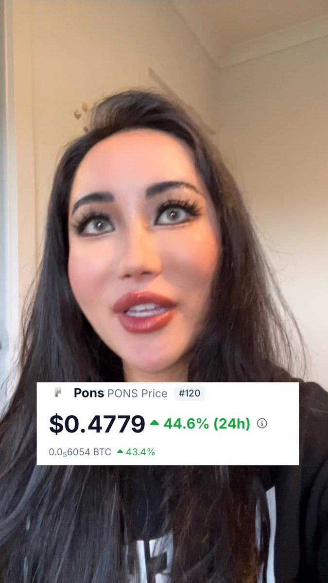 A woman with long dark hair appears in a selfie-style image, with an overlay showing 'Pons PONS Price #120 $0.4779' with a 44.6% 24h increase and 0.0₅6054 BTC.