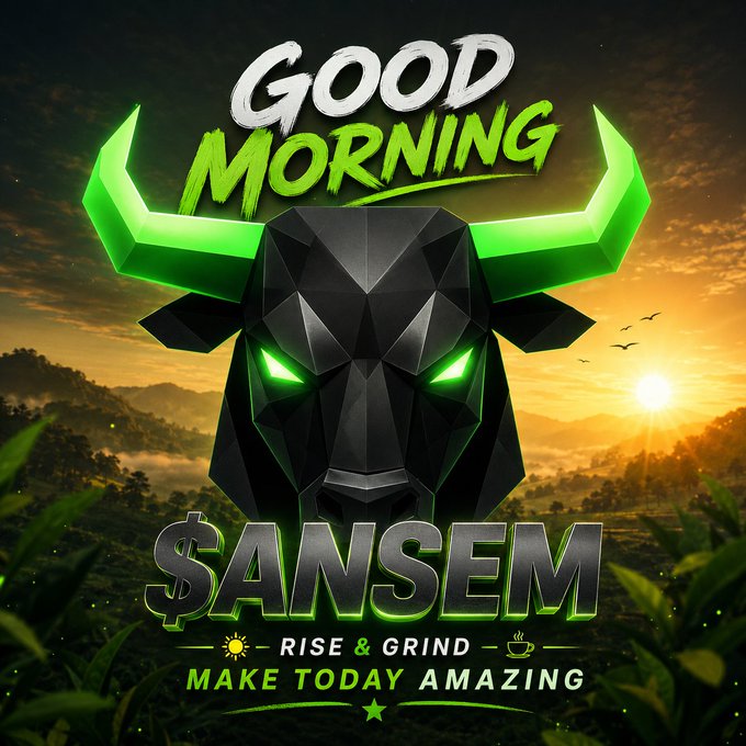A digital graphic featuring a black geometric bull with glowing green eyes and horns, with bold text 'GOOD MORNING', '$ANSEM', 'RISE & GRIND', and 'MAKE TODAY AMAZING'.