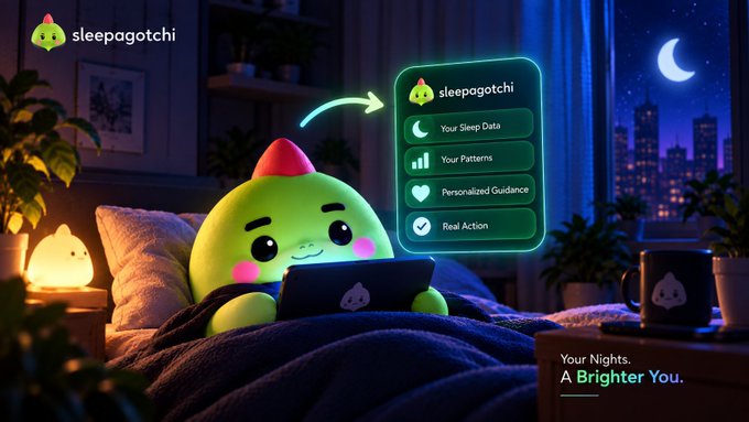 A 3D-rendered advertisement for "sleepagotchi," showing a cute green character with a red horn using a tablet in bed at night, with a UI overlay featuring options for Sleep Data, Patterns, Personalized Guidance, and Real Action, tagged "Your Nights. A Brighter You."