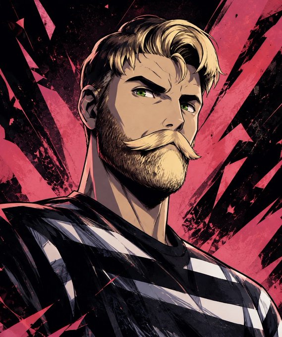 Stylized comic-book style illustration of a blonde, bearded man with green eyes wearing a black and white striped shirt against a red and black background.