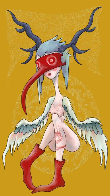 A stylized digital artwork depicts a pale, antlered humanoid figure with a long red beak-like mask, teal wings, and red boots, set against a golden yellow background with dragon motifs. The piece, presented as a 1/1 NFT, showcases a unique, surreal character design likely appealing to collectors of rare generative or illustration-based art on the objkt marketplace.