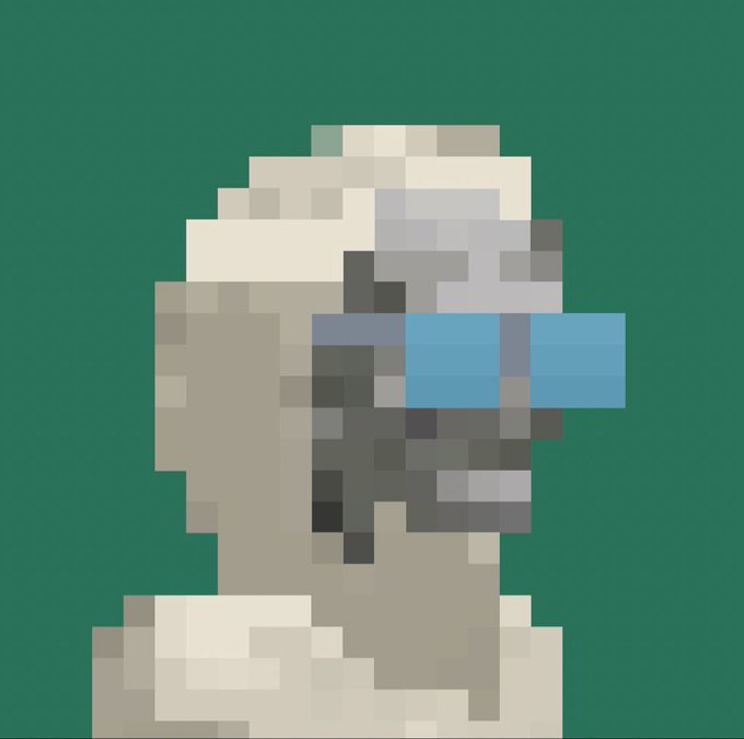 A low-resolution pixel art rendering of an astronaut helmet in profile, featuring a white suit and a blue visor against a solid dark green background.