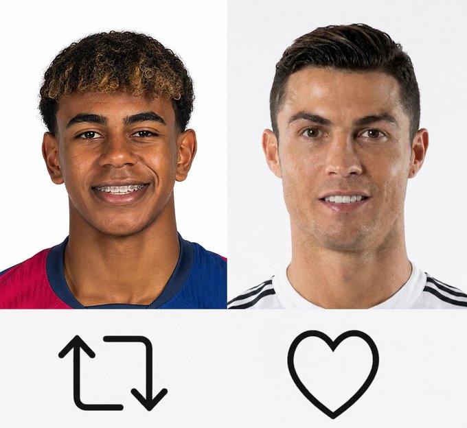 Side-by-side headshots comparing a smiling young man with curly hair (Lamine Yamal in a Barcelona kit) and Cristiano Ronaldo in a white jersey, with a retweet icon under Yamal and a heart icon under Ronaldo.